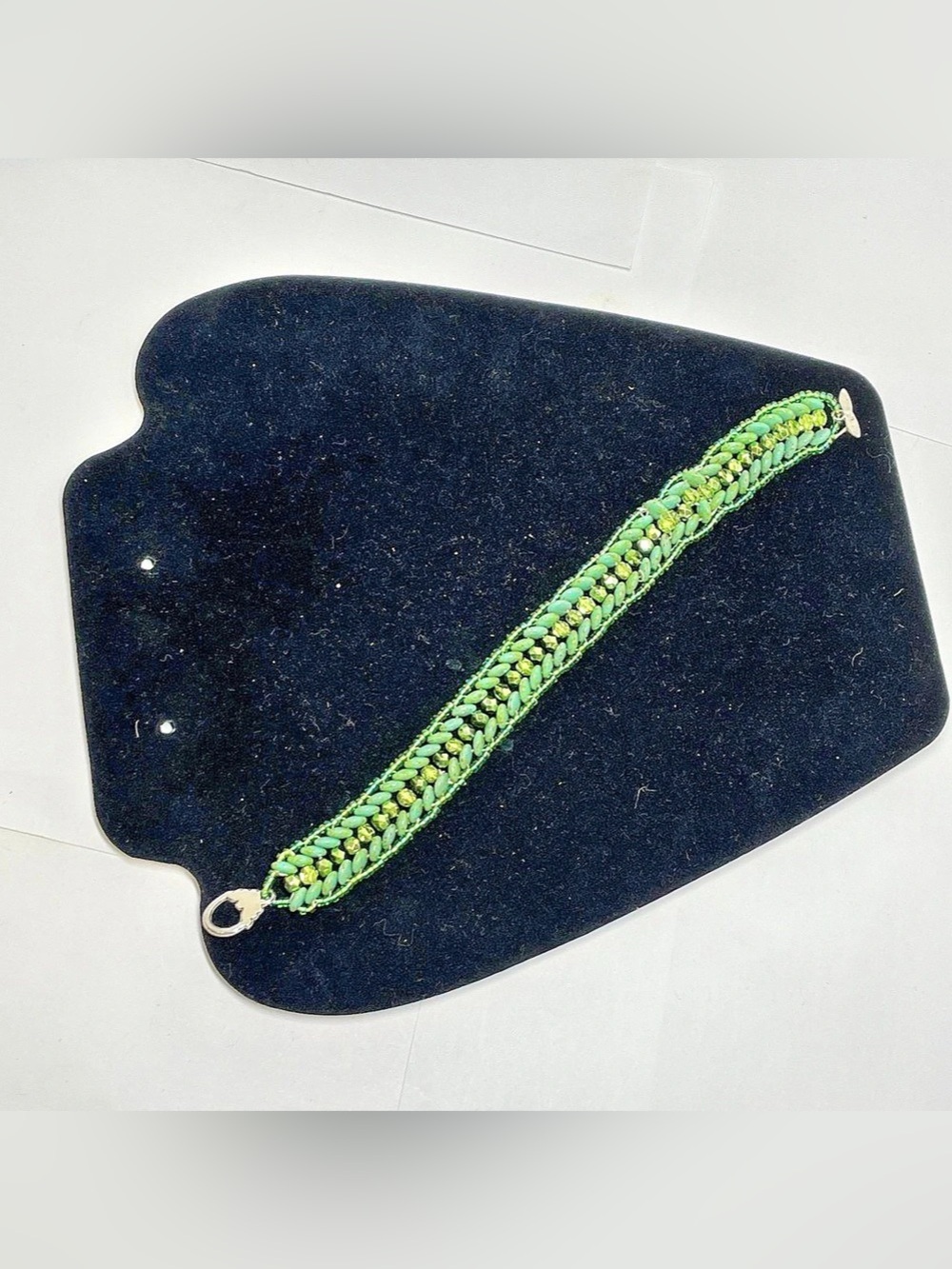 Handmade Iridescent Sage Green Crystal & Seed Bead Cuff Bracelet Toggle Closure